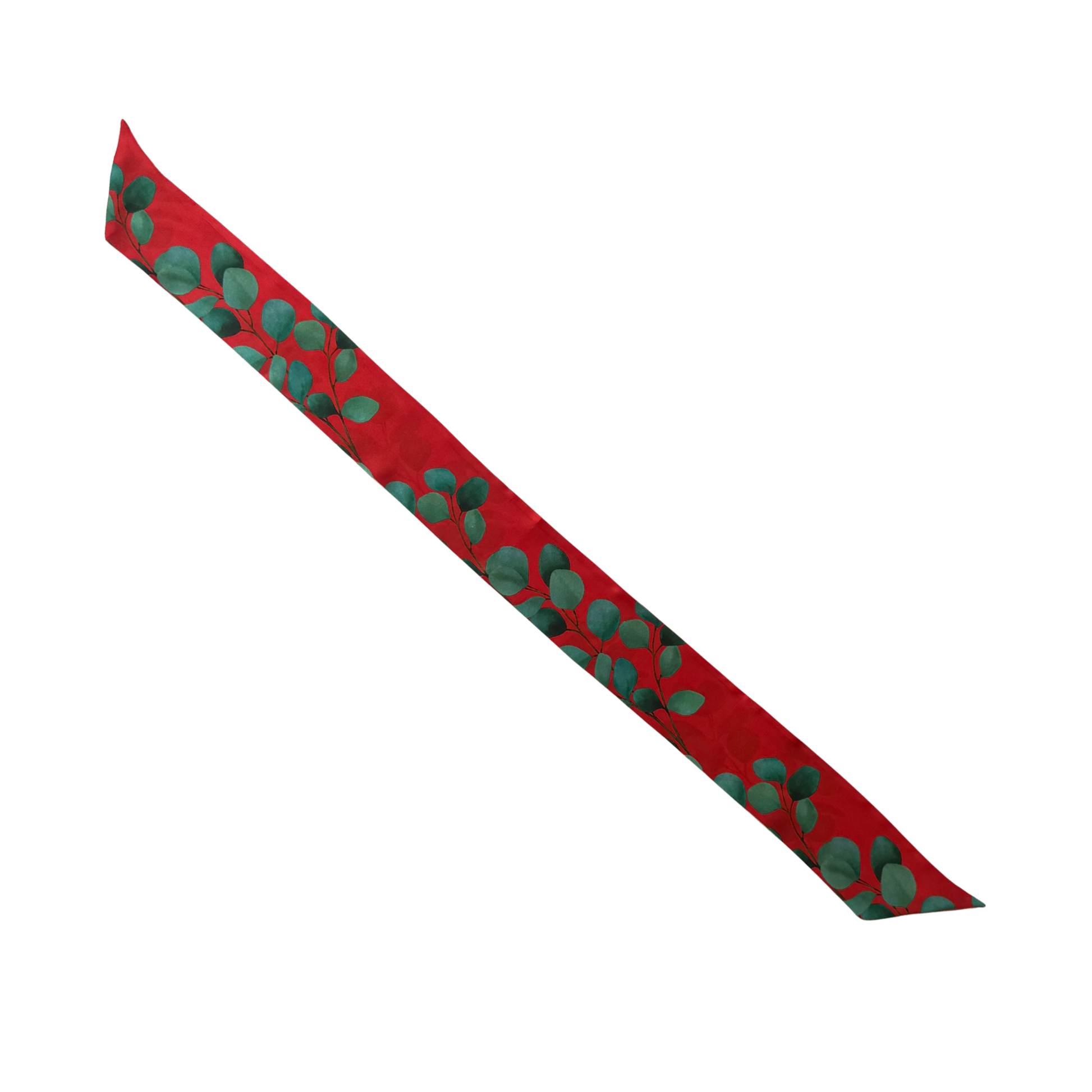 Full-length view of red eucalyptus silk skinny scarf with delicate green design