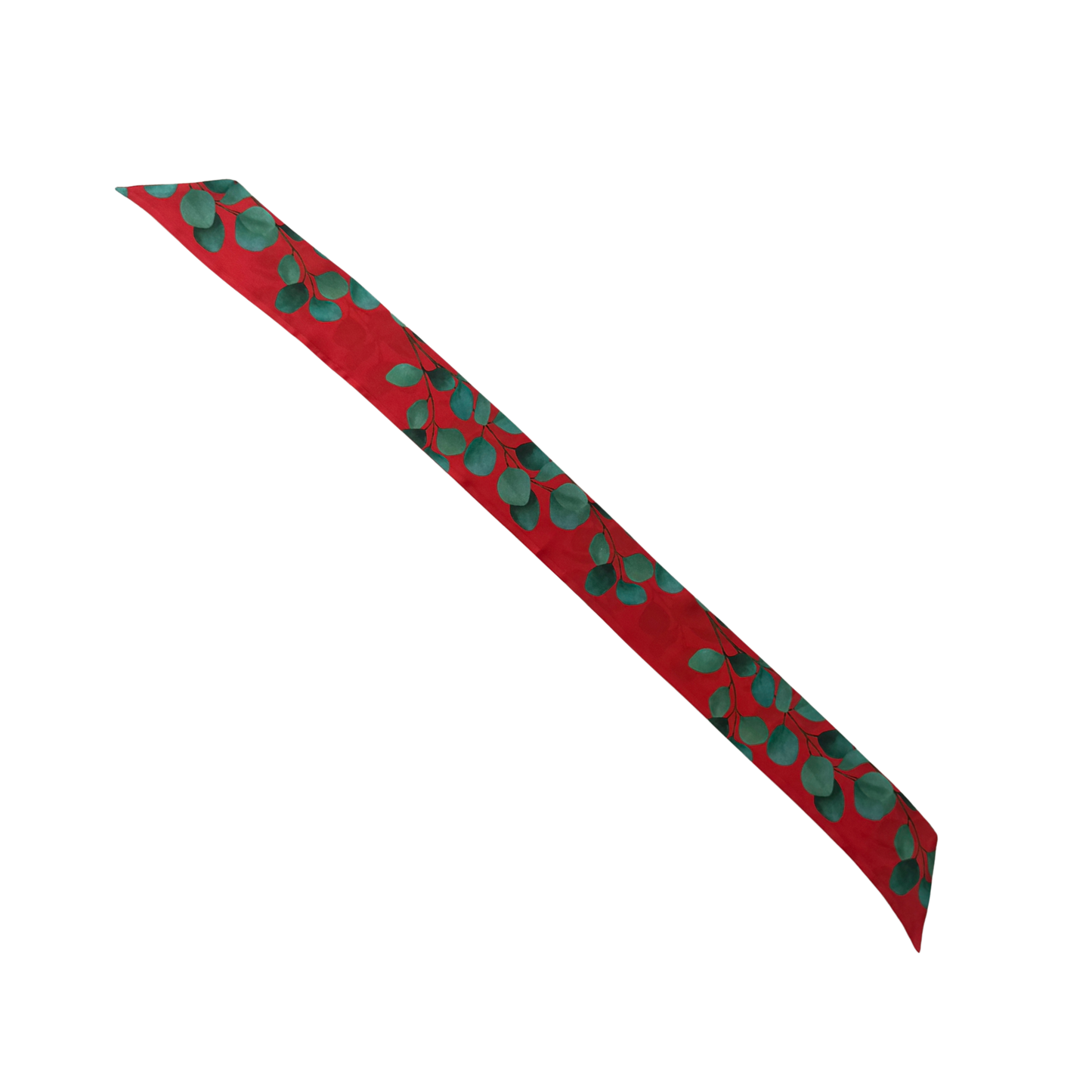 Red eucalyptus silk skinny scarf laid flat, showing full eucalyptus design