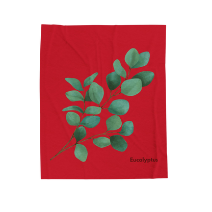 Eucalyptus Velveteen Plush Blanket with green eucalyptus design on red 