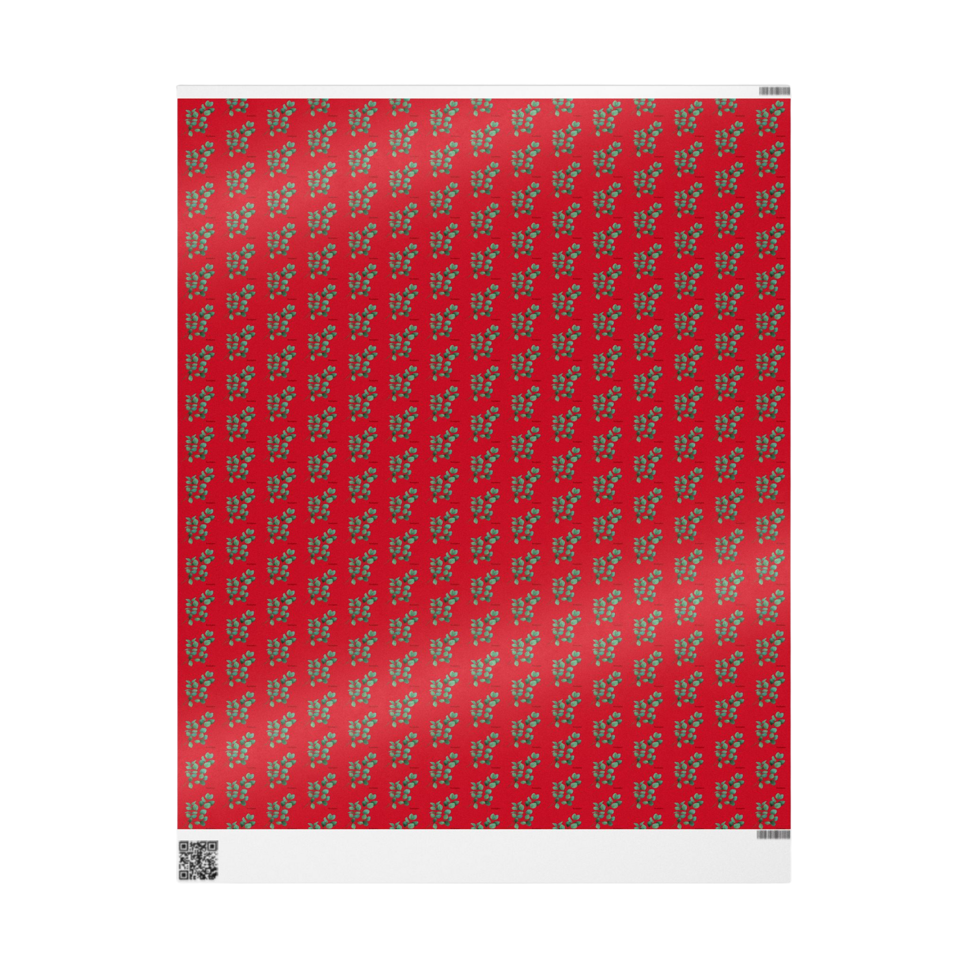 Flat sheet of glossy eucalyptus wrapping paper, showcasing vibrant botanical design