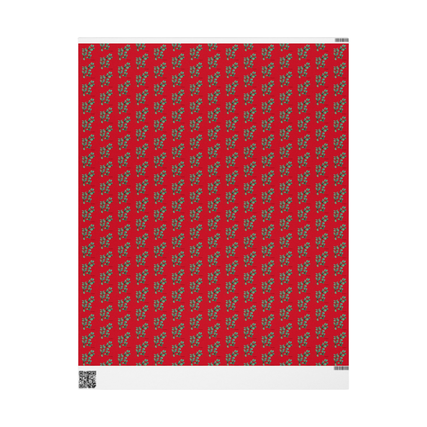 Flat sheet of matte eucalyptus wrapping paper with subtle green botanical pattern
