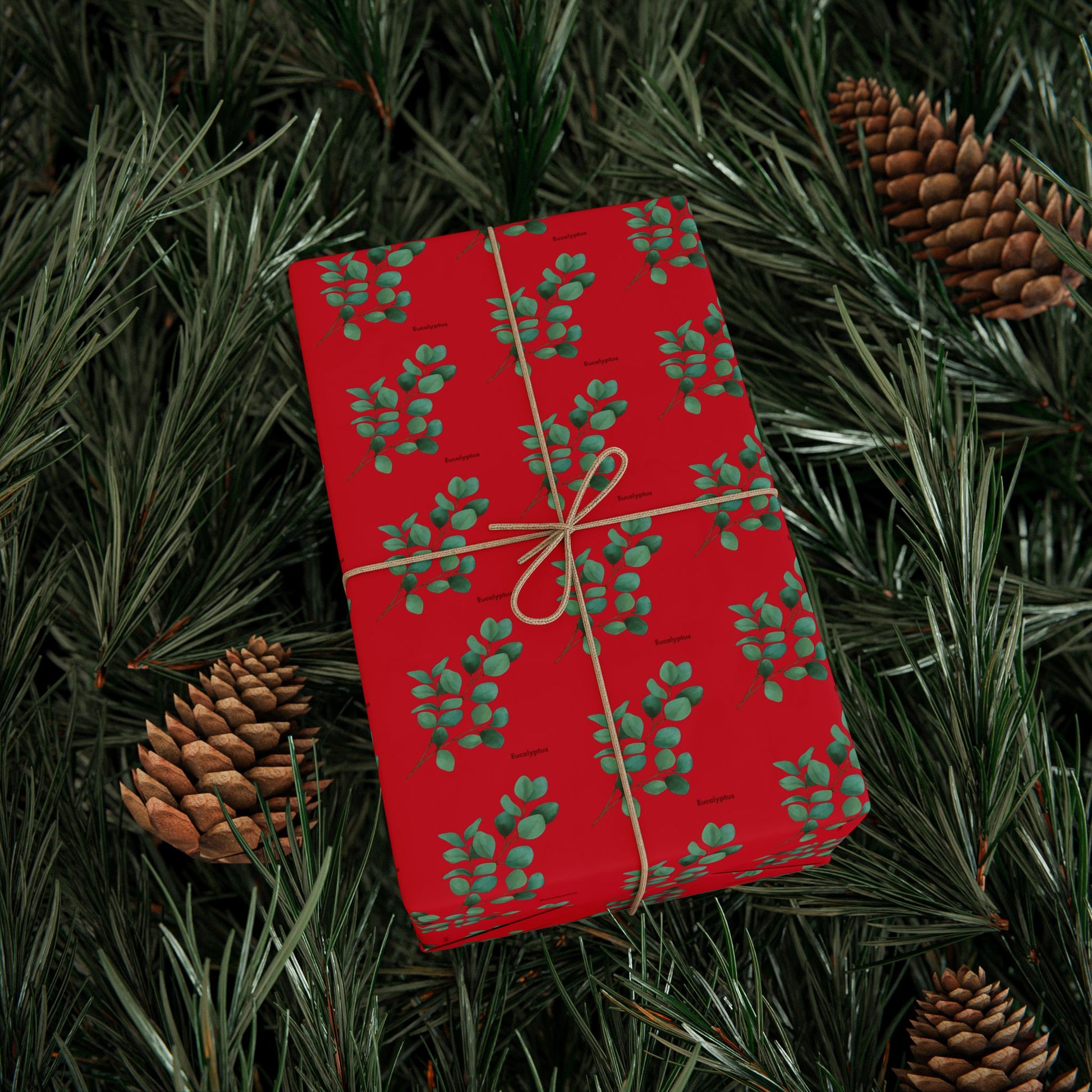 Wrapped eucalyptus gift lying among pine leaves and pine cones, styled for festive display