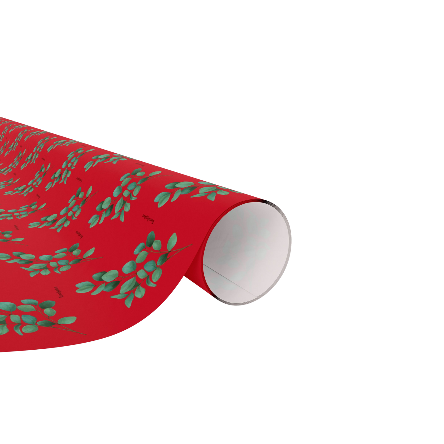Roll of eucalyptus-themed wrapping paper with green botanical design, ready for gift wrapping