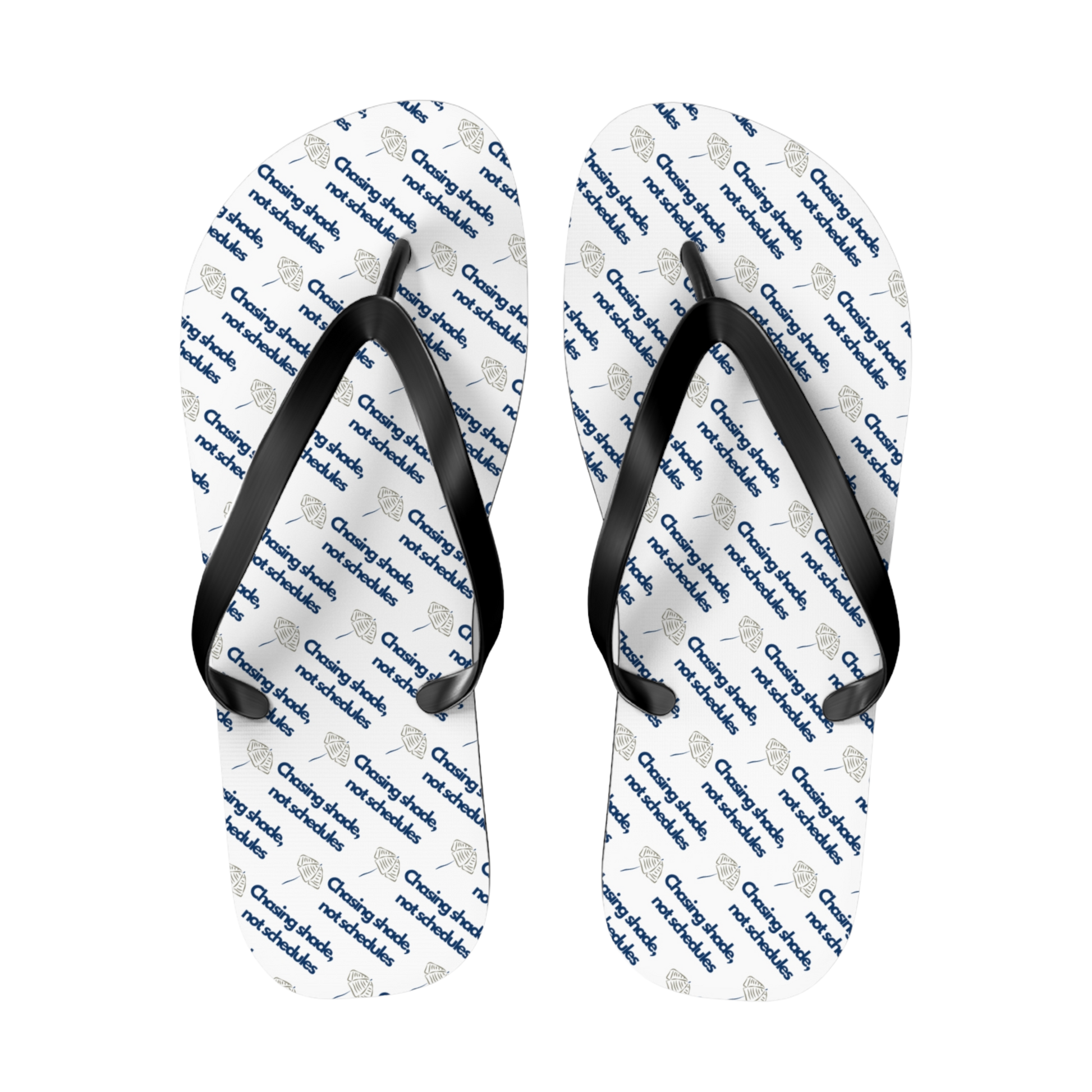 Cast Away flip flops featuring beach umbrella artwork and warm, sandy hues