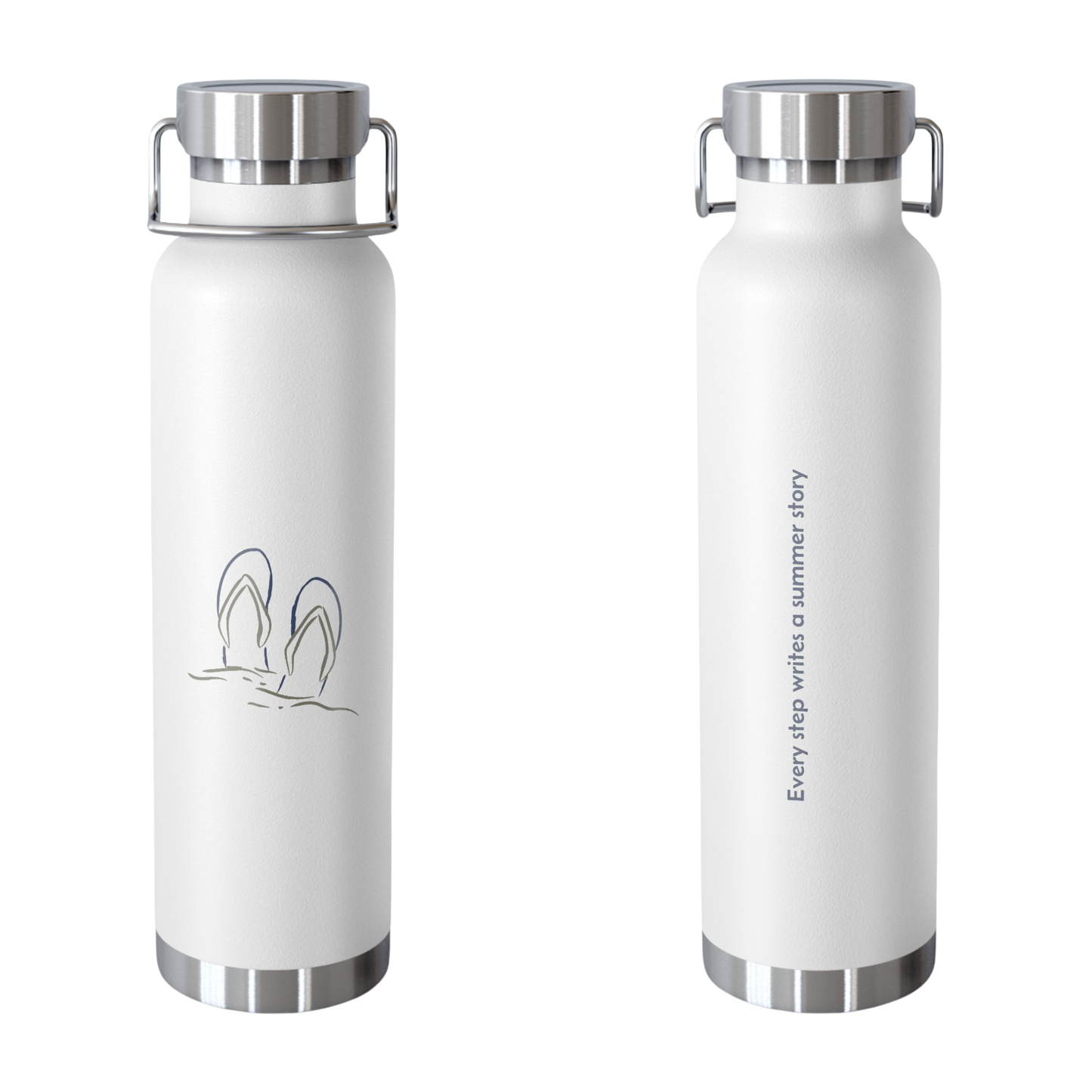 Copper water bottle with Footprints in the Sand design – front with flip-flops graphic, quote on back