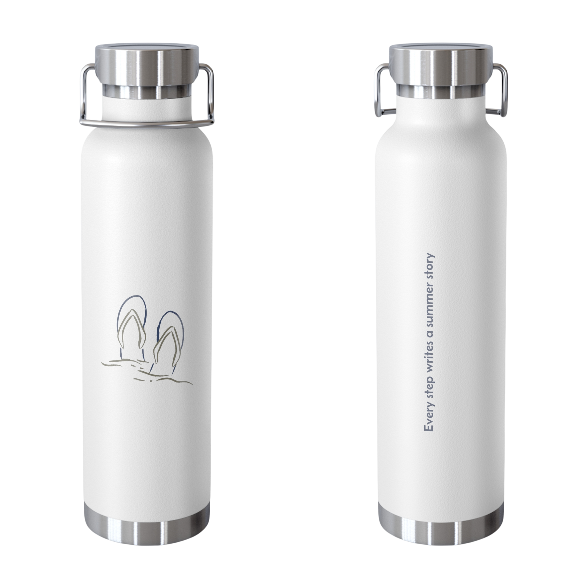 Copper water bottle with Footprints in the Sand design – front with flip-flops graphic, quote on back