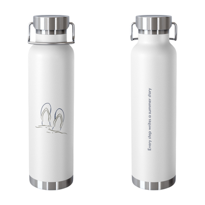 Copper water bottle with Footprints in the Sand design – front with flip-flops graphic, quote on back