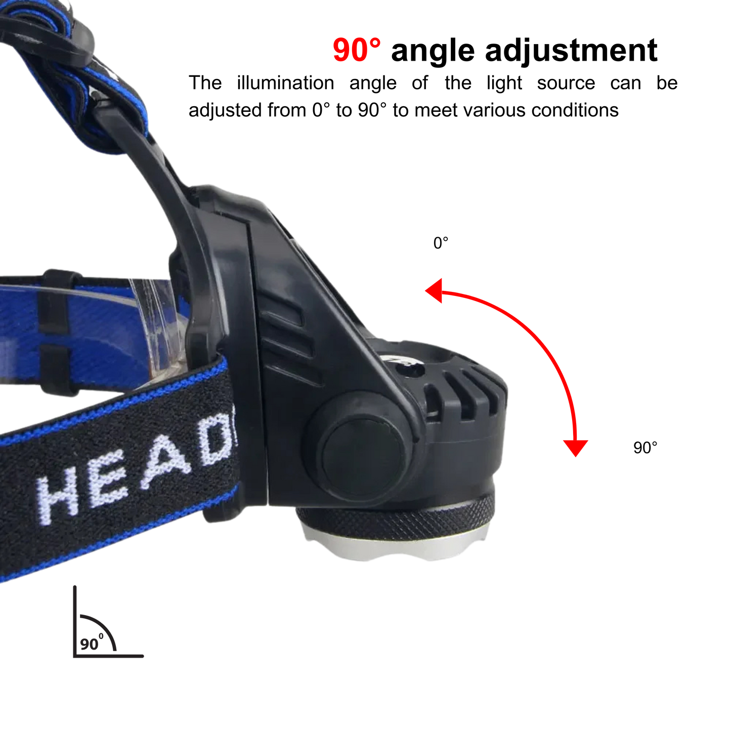 Headlamp with 90-degree adjustable tilt for directional lighting