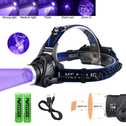 UV LED headlamp showing light modes, charger, and adjustable zoom