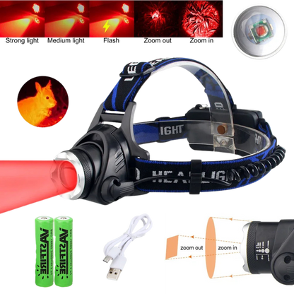 Red LED headlamp with beam options, batteries, charger, and zoom function