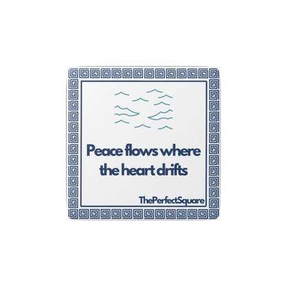 Mediterranean-inspired magnet with quote “Peace flows where the heart drifts” and wave design