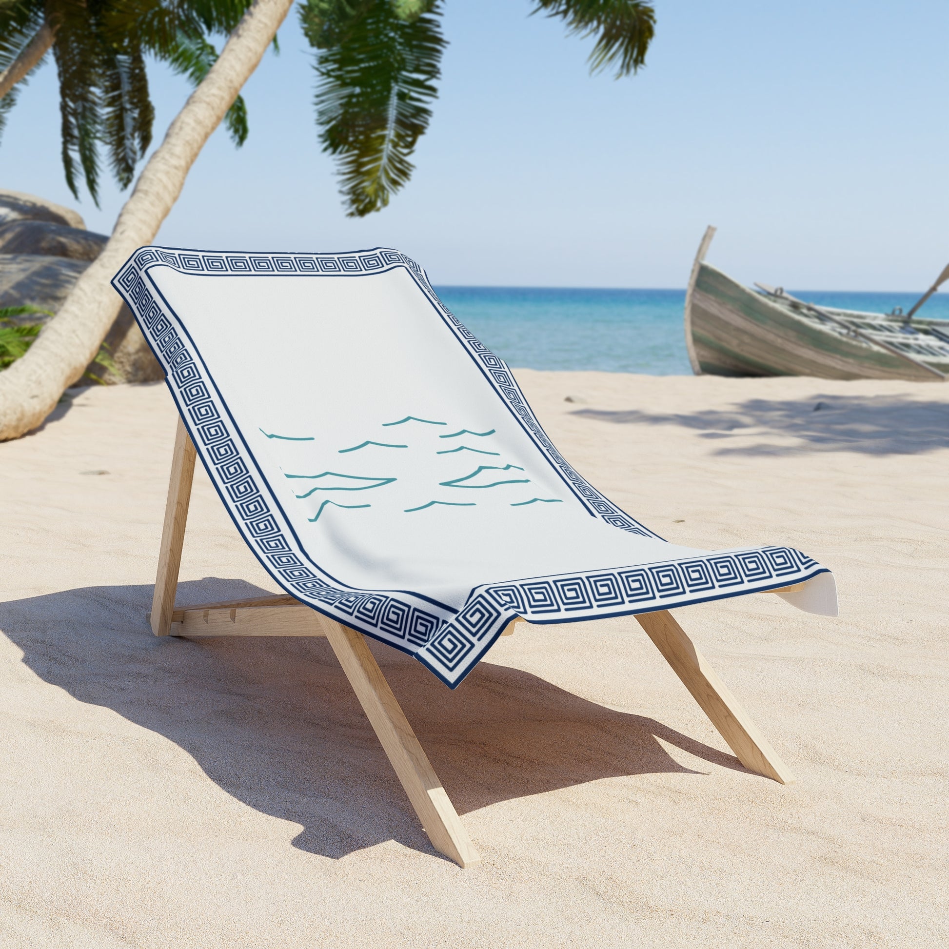 Mediterranean beach towel draped over beach chair – stylish towel with vibrant print for summer lounging