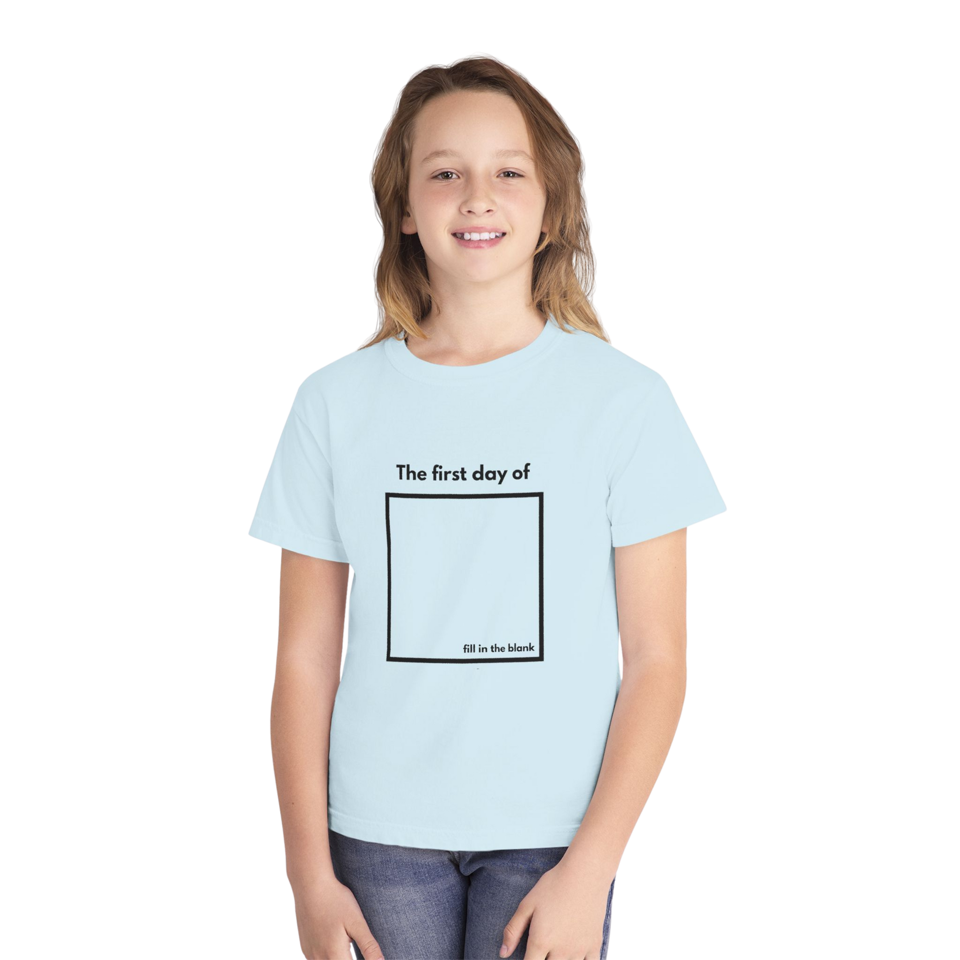 Child wearing chambray “My First Day Of ___” tee – front view