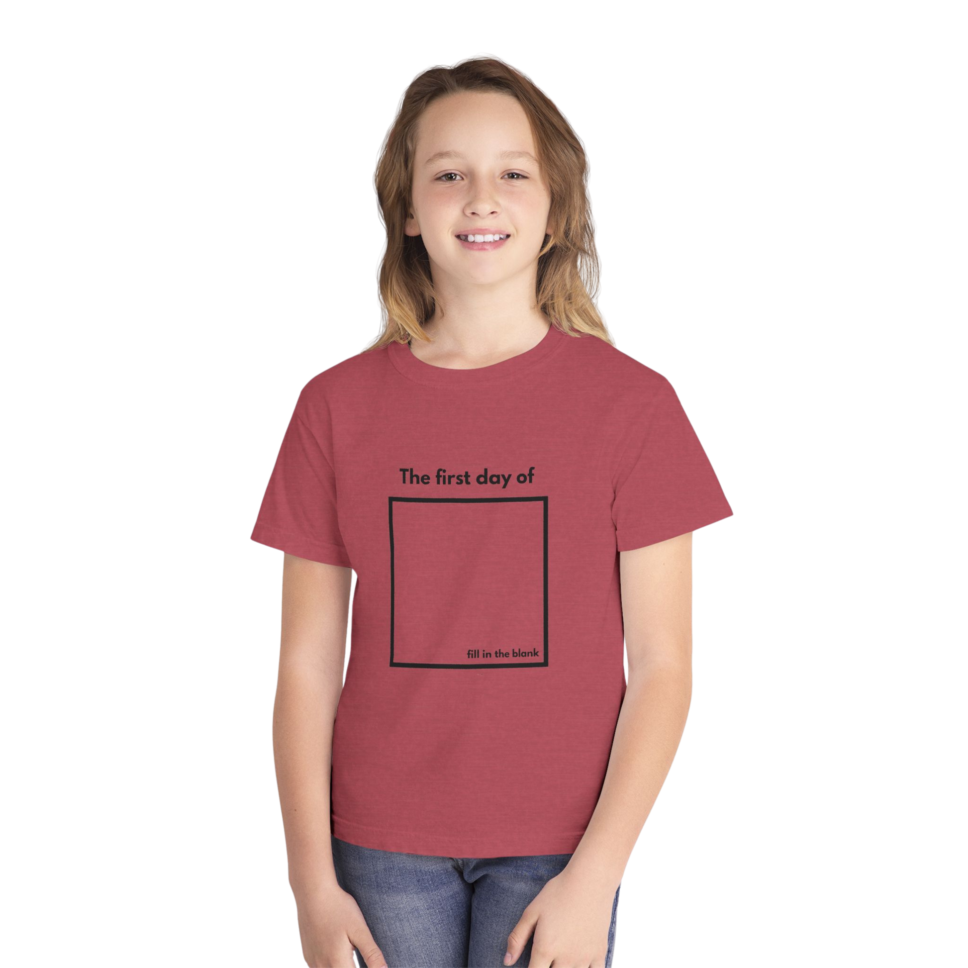 Child wearing crimson “My First Day Of ___” tee – front view