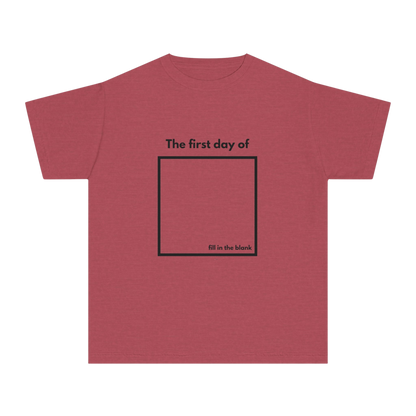 Crimson youth tee – “My First Day Of ___” with square design, front view