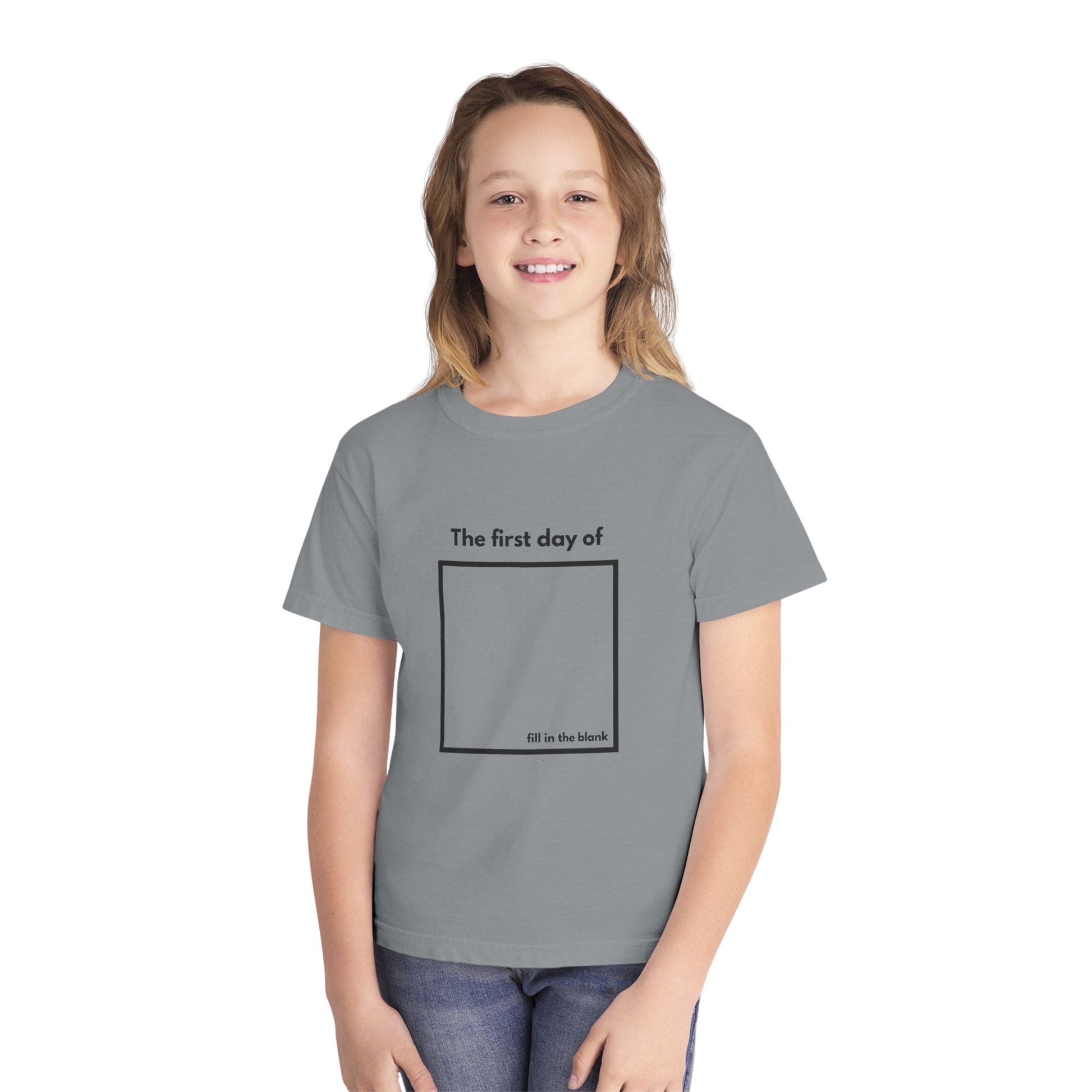 Child wearing granite “My First Day Of ___” tee – front view