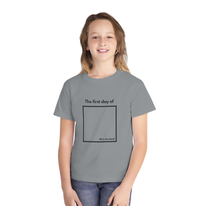 Child wearing granite “My First Day Of ___” tee – front view