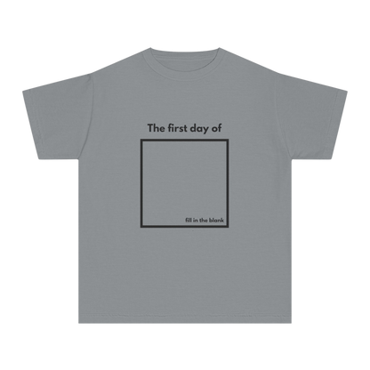 Granite youth tee – “My First Day Of ___” with square design, front view