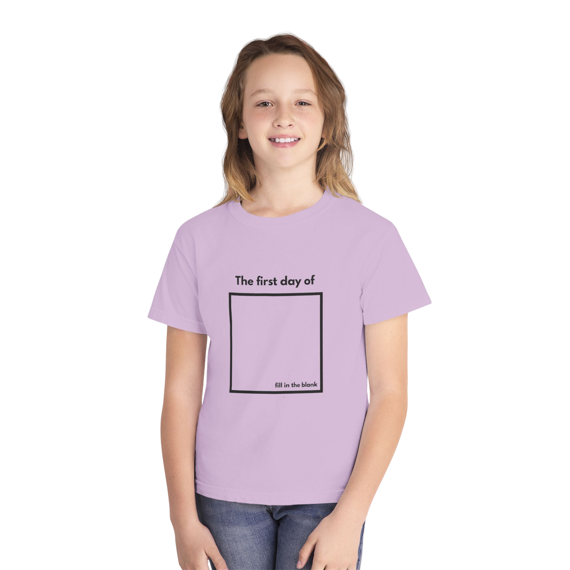 Child wearing orchid “My First Day Of ___” tee – front view