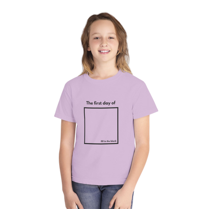 Child wearing orchid “My First Day Of ___” tee – front view