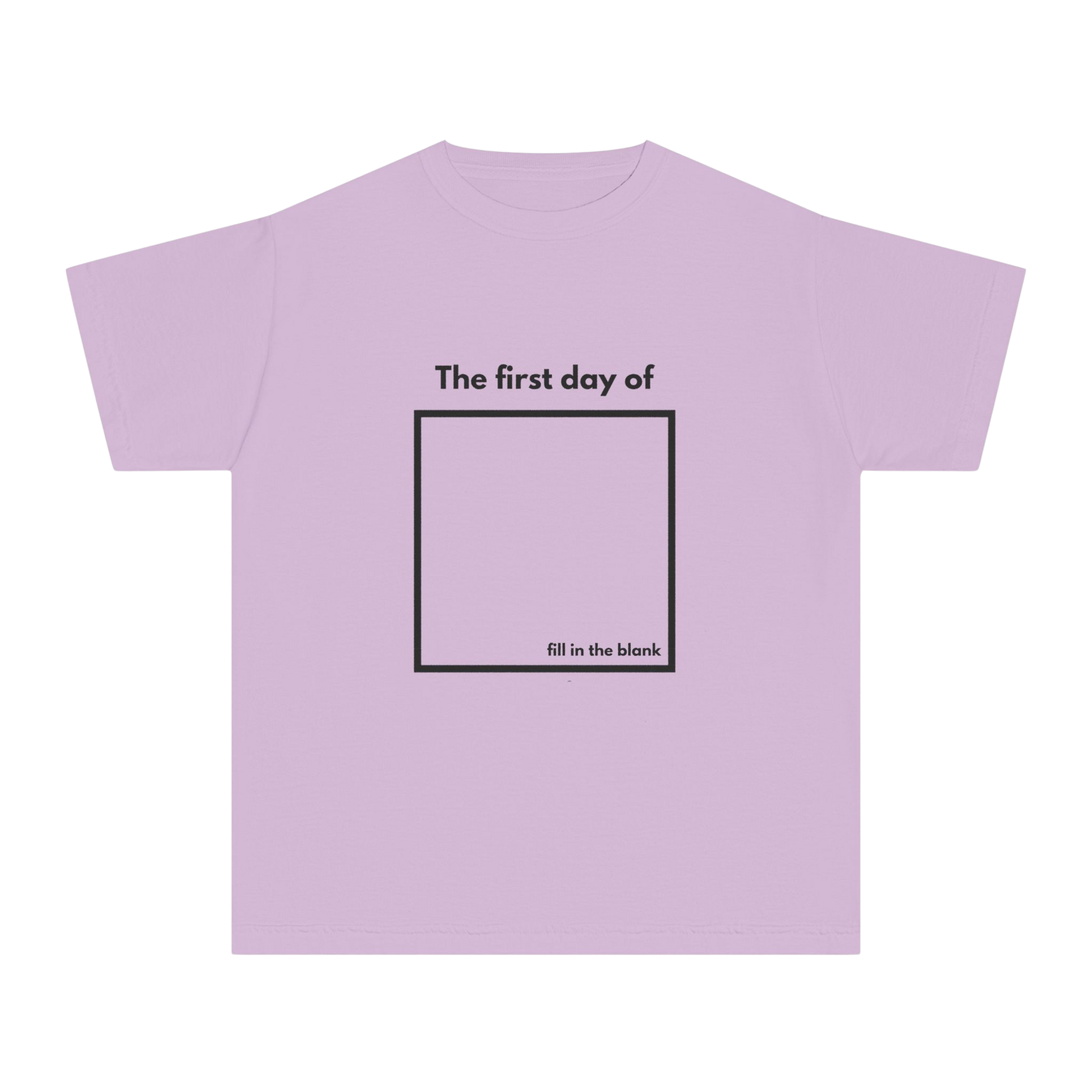 Orchid youth tee – “My First Day Of ___” with square design, front view