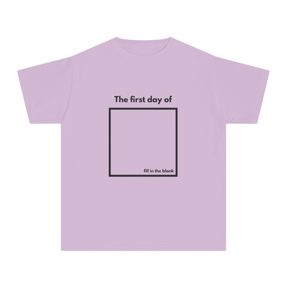 Orchid youth tee – “My First Day Of ___” with square design, front view