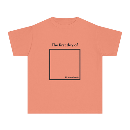 Terracotta youth tee – “My First Day Of ___” with square design, front view
