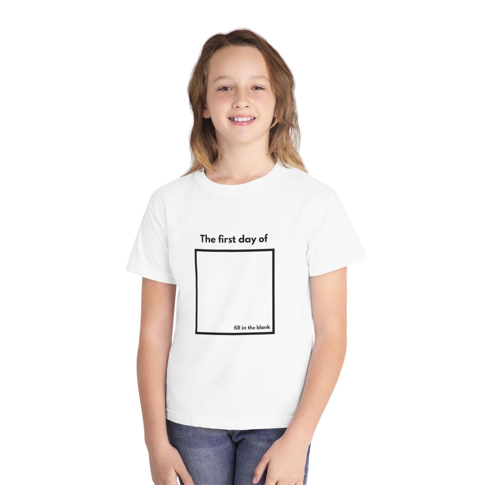 Child wearing white “My First Day Of ___” tee – front view