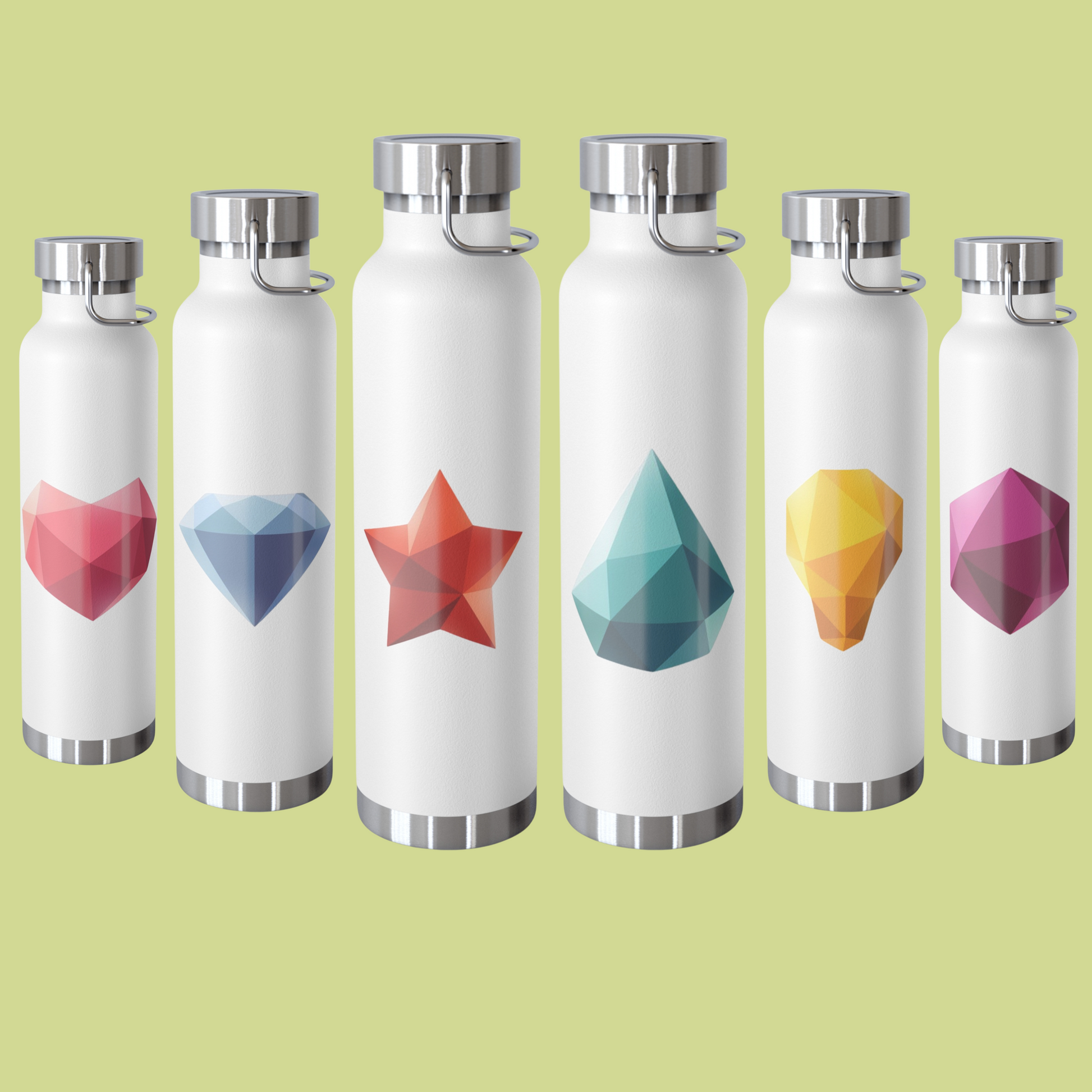 6 white School Gems insulated bottles featuring gem-inspired designs for back-to-school positivity