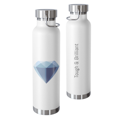 School Gems insulated water bottle with Diamond design and “Tough & Brilliant” slogan in icy blue tones