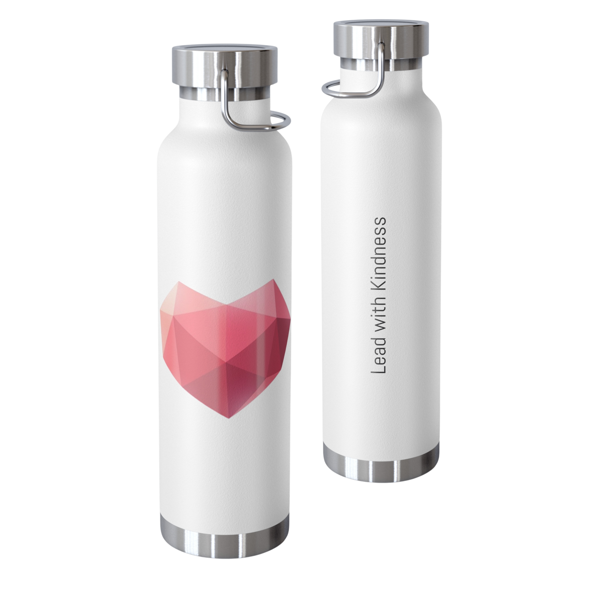 School Gems insulated water bottle with Heart design and “Lead with Kindness” slogan in pink and red tones