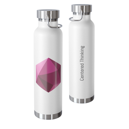 School Gems insulated water bottle with Hexagon design and “Centered Thinking” slogan in plum and purple tones