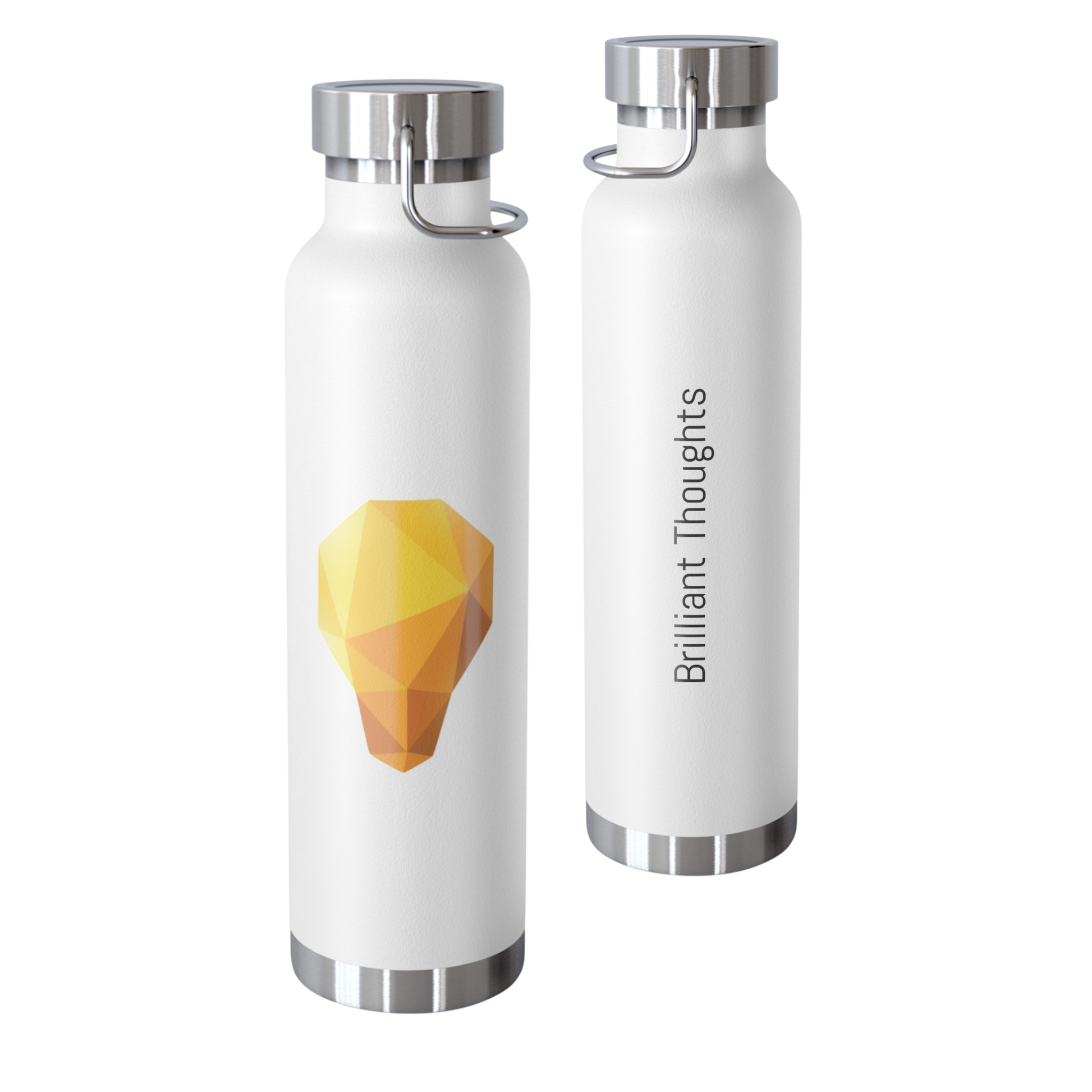 School Gems insulated water bottle with Lightbulb design and “Brilliant Thoughts” slogan in yellow tones