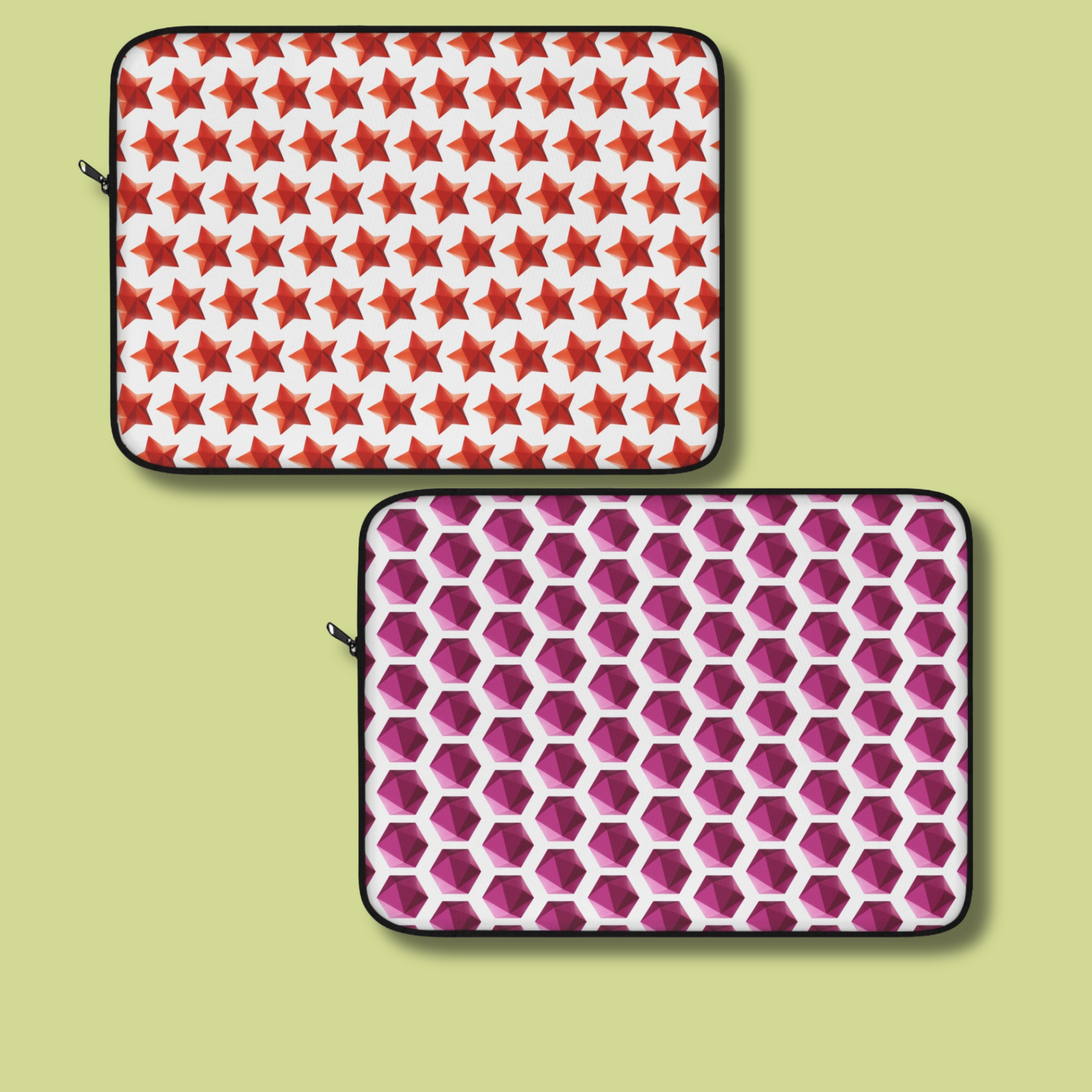 School Gems Laptop Sleeve with star and hexagon design on green background