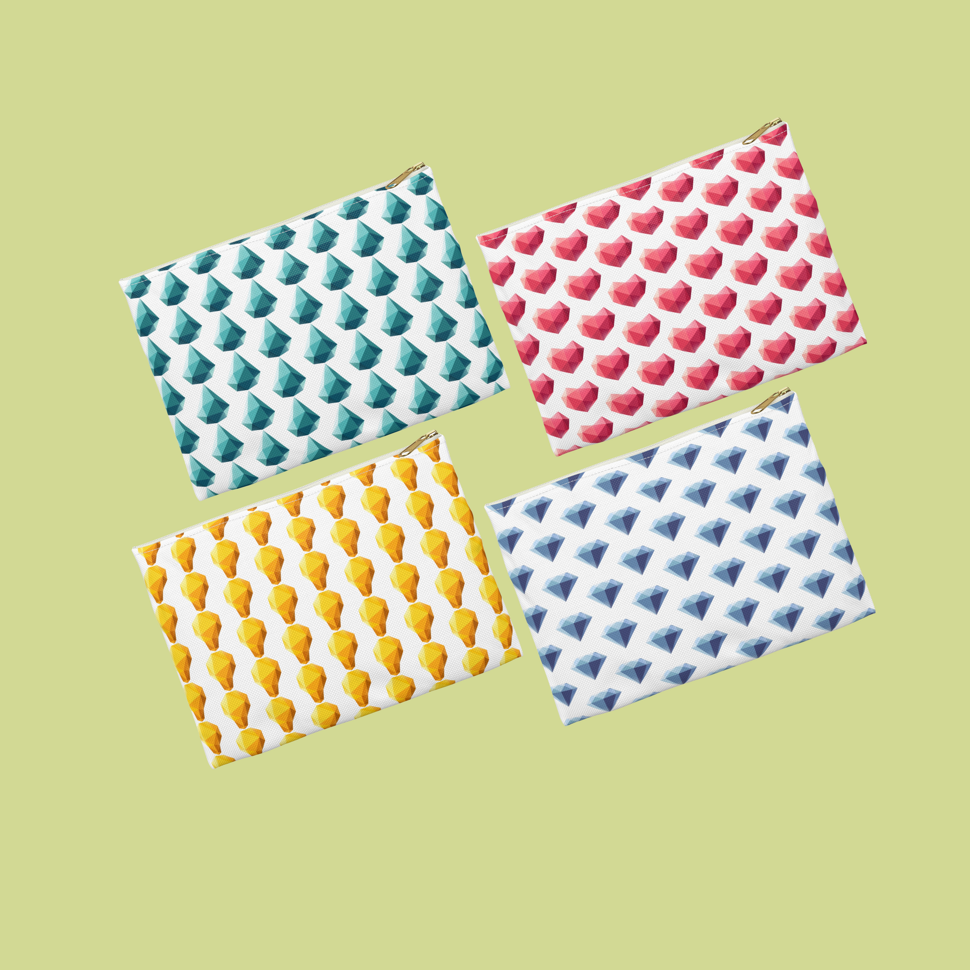 Display of School Gems pencil bags featuring Drop, Heart, Lightbulb, and Diamond designs