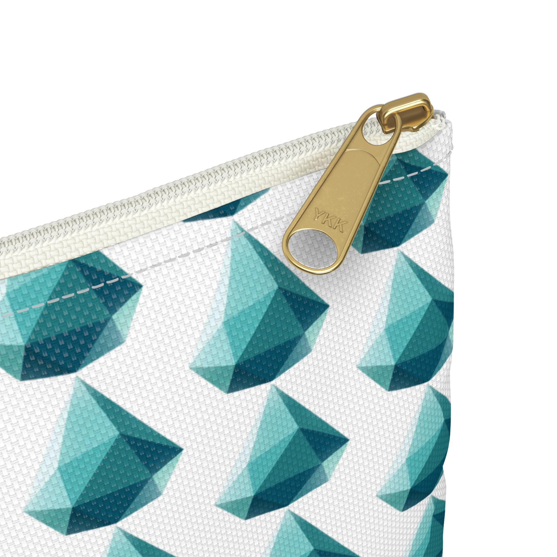 Close-up of Drop design pencil bag zipper and gem print detail
