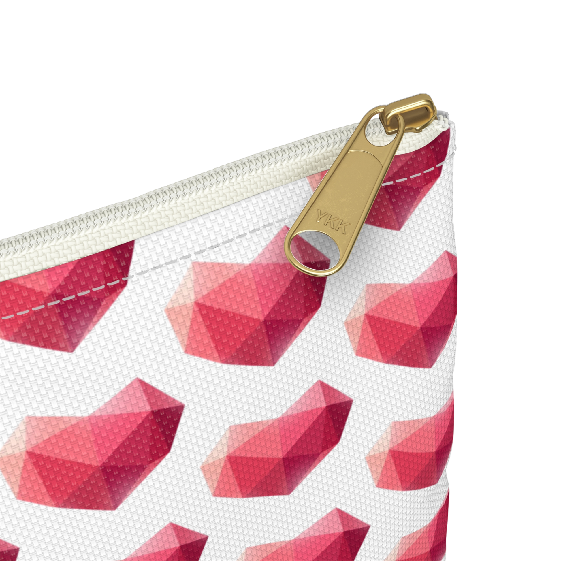 Close-up of Heart design pencil bag zipper and gem print detail