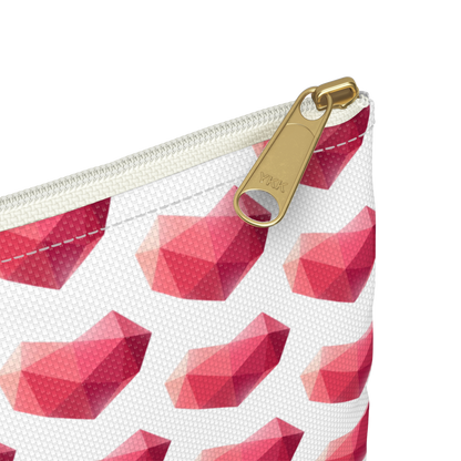 Close-up of Heart design pencil bag zipper and gem print detail