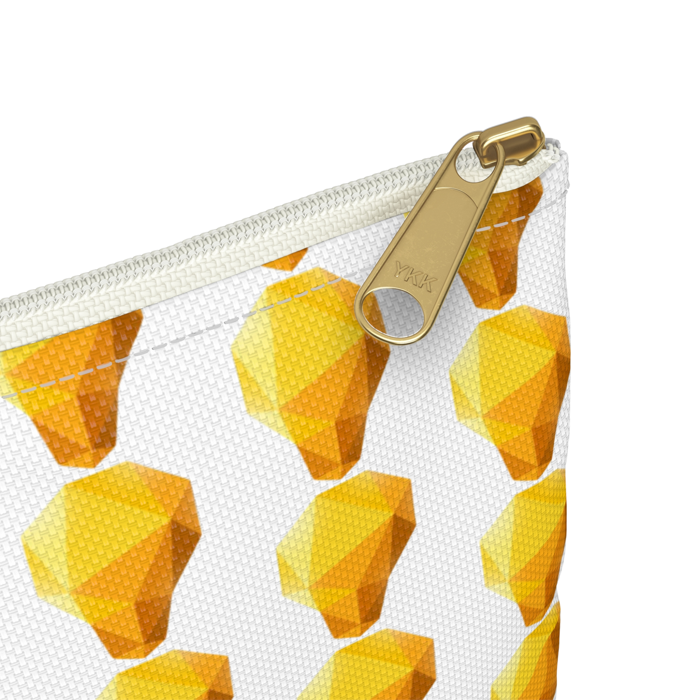 Close-up of Lightbulb design pencil bag zipper and gem print detail