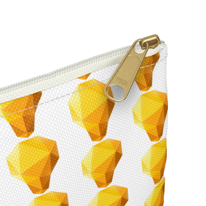 Close-up of Lightbulb design pencil bag zipper and gem print detail