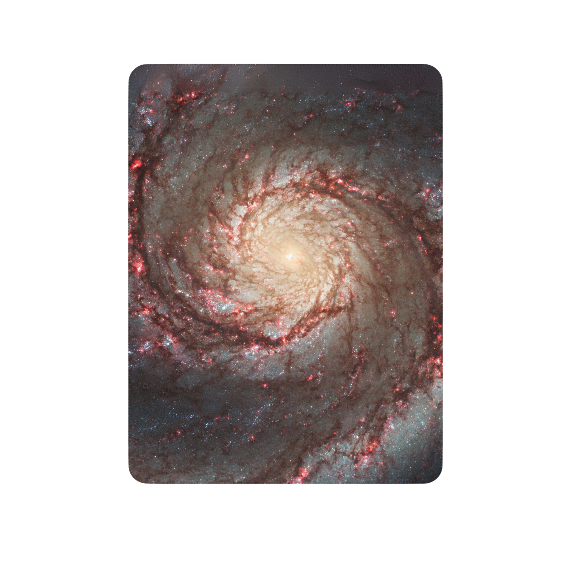 Tan sherpa blanket with Whirlpool Galaxy design on front