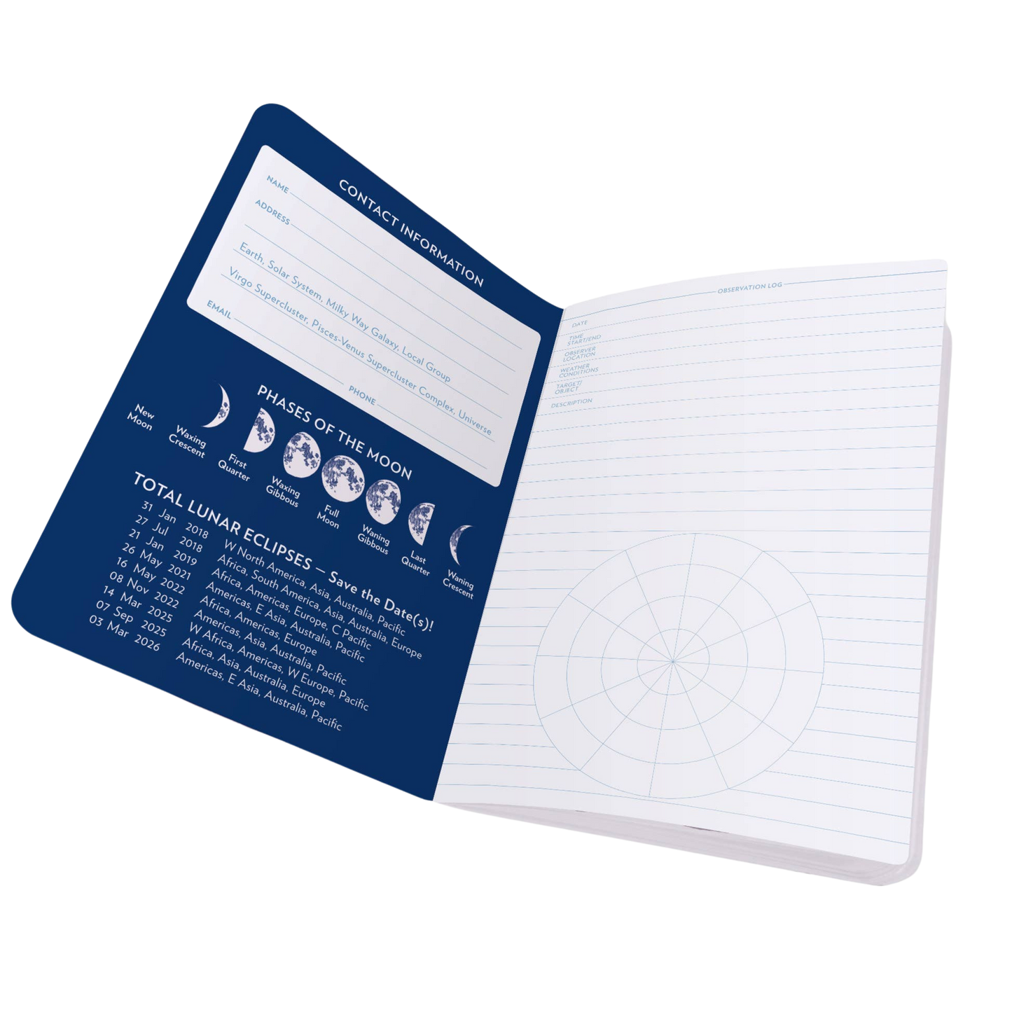 Full size Stargazing Notebook open to first page with lined paper