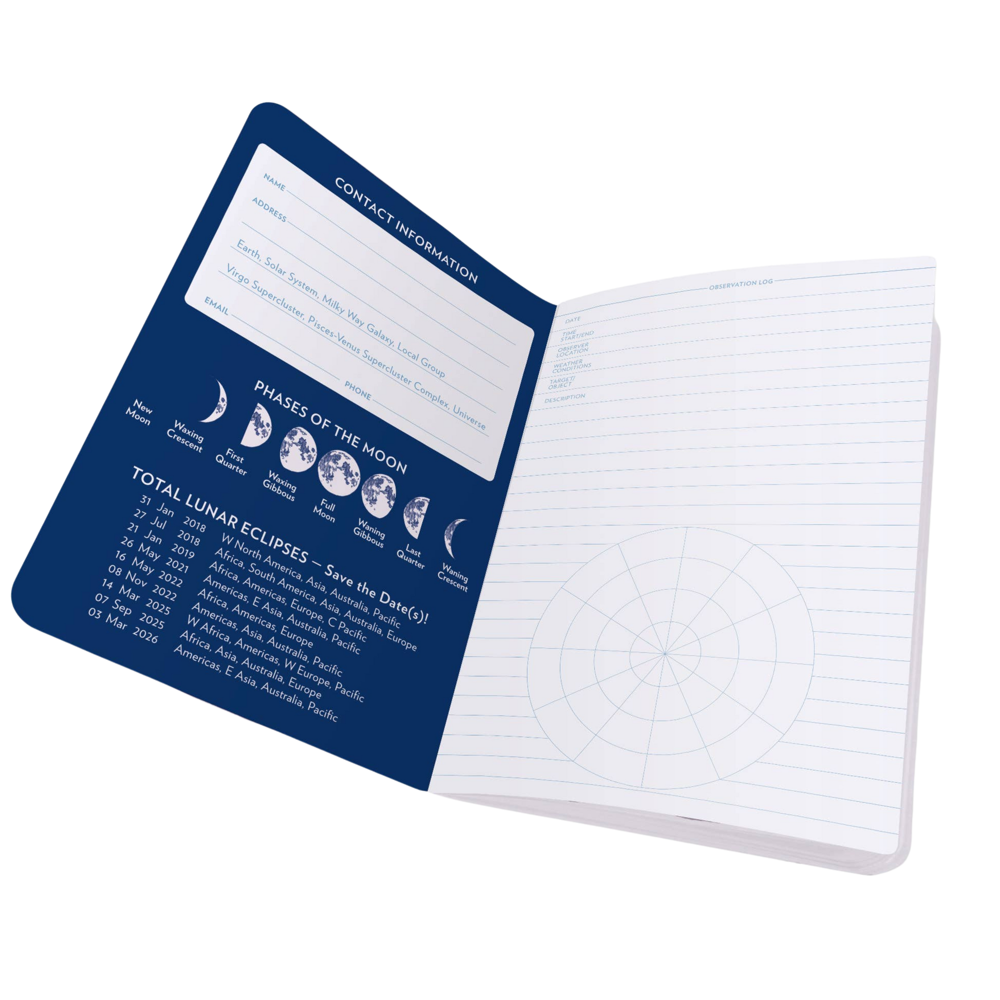 Full size Stargazing Notebook open to first page with lined paper