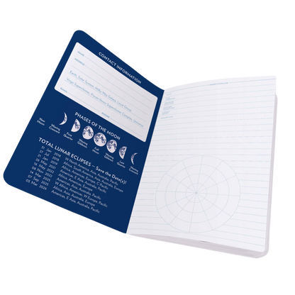 Full size Stargazing Notebook open to first page with lined paper