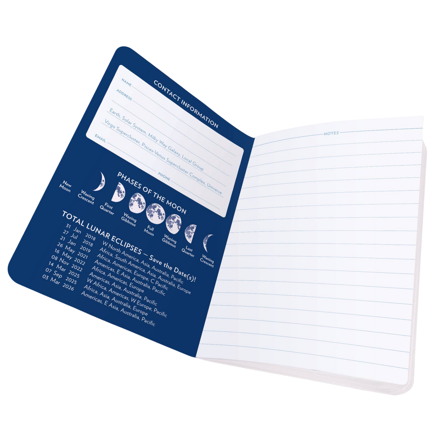 Pocket size Stargazing Notebook open to first page with lined paper