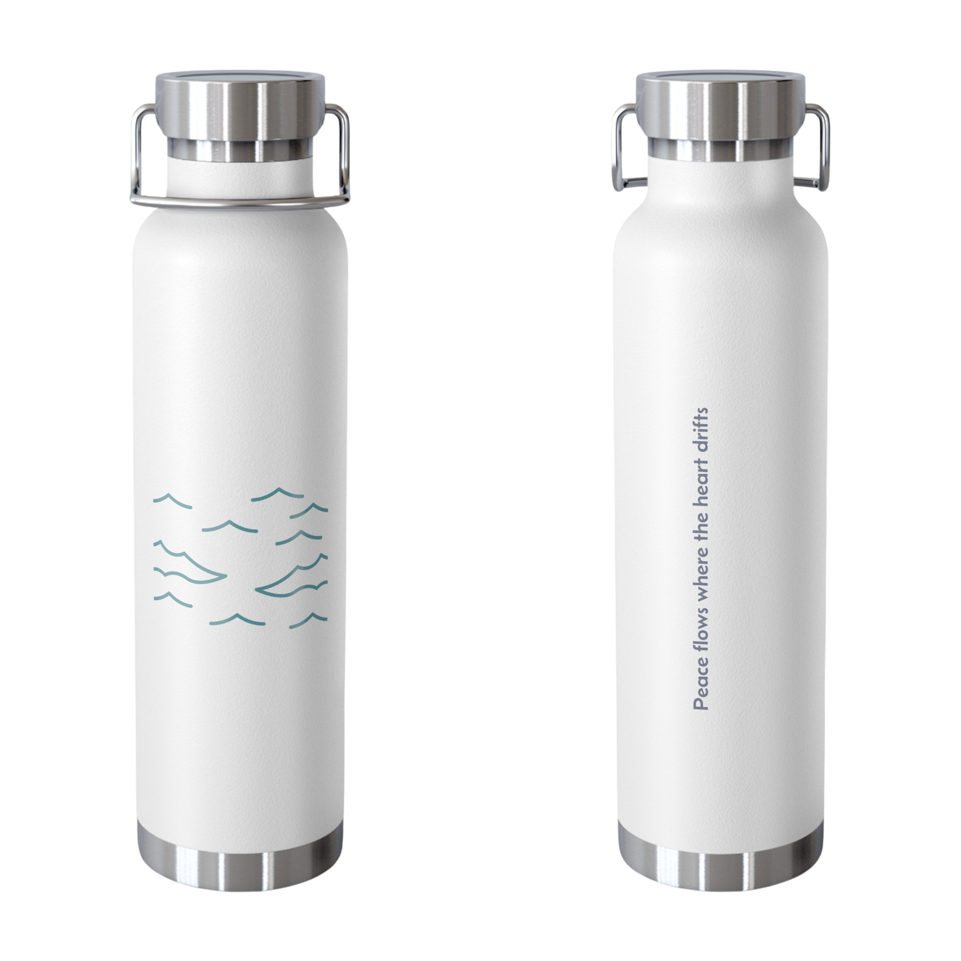 Still Waters insulated bottle – minimalist waves design on front, peaceful quote on back