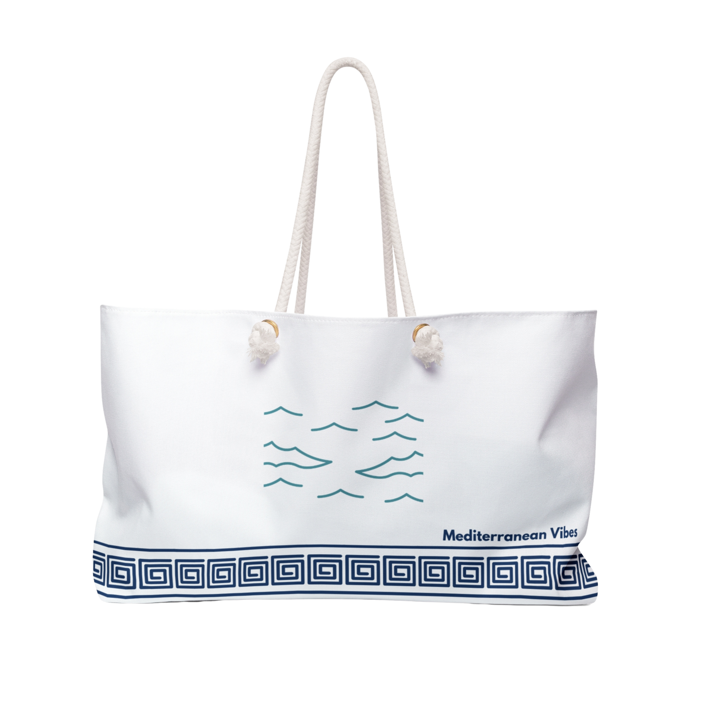 Travel tote with “Still Waters” wave design – Mediterranean-inspired with rope handles and soft lining