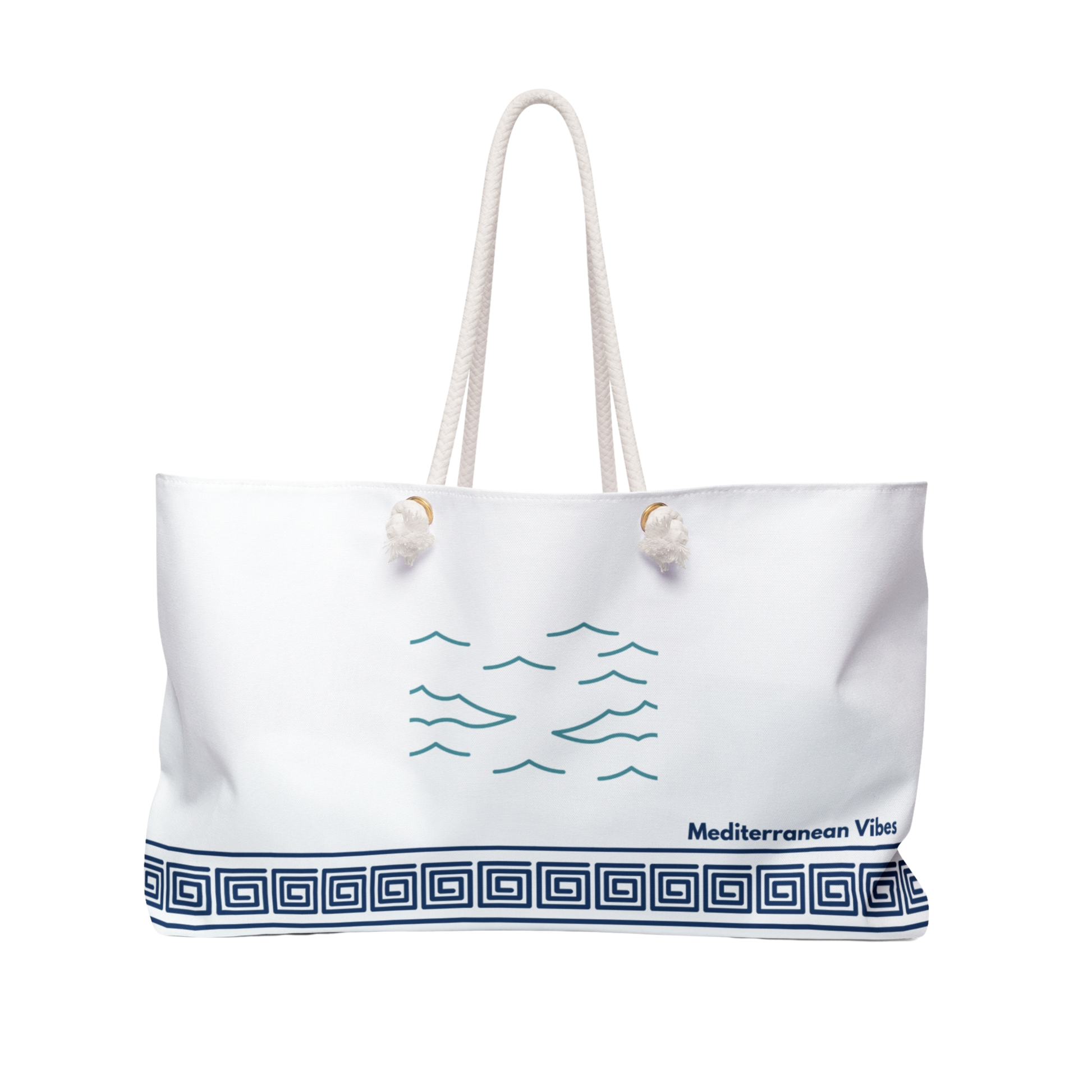 Travel tote with “Still Waters” wave design – Mediterranean-inspired with rope handles and soft lining