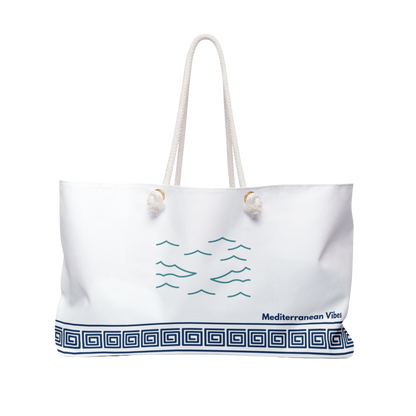 Travel tote with “Still Waters” wave design – Mediterranean-inspired with rope handles and soft lining