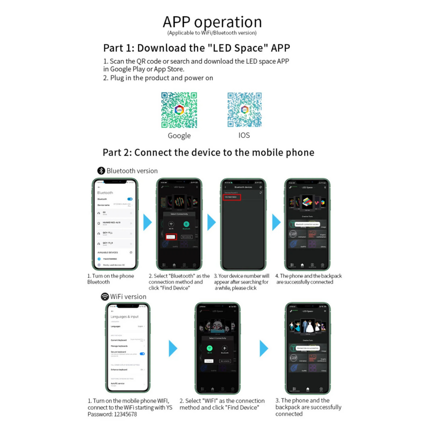 Step-by-step visual guide to connecting the T2 LED Smart Backpack with the app